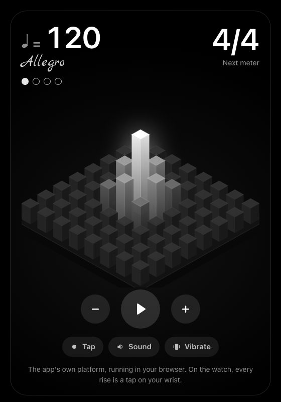 Haptempo metronome at 120 BPM, Allegro, 4/4, with its beat platform