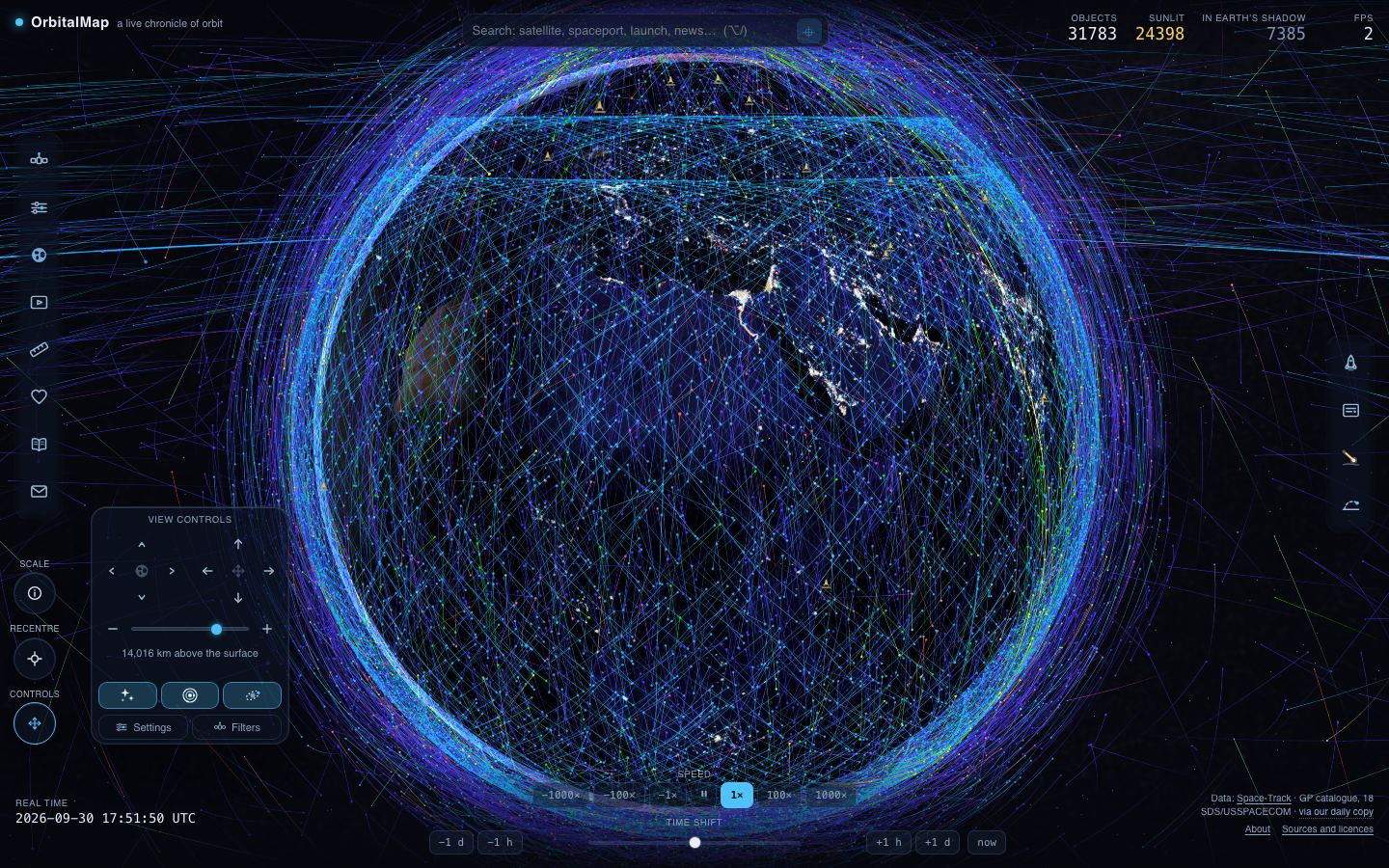 OrbitalMap showing tens of thousands of tracked objects around Earth